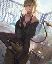  aito animal animal_ears arknights bare_shoulders barrel black_footwear black_gloves black_jacket black_pants black_tank_top boots brown_eyes brown_hair candy chain-link_fence commentary female fence fingerless_gloves food gloves grin hair_between_eyes hammer hand_up highres holding holding_food jacket lion lion_ears lion_tail lollipop long_hair long_sleeves looking_at_viewer off_shoulder official_alternate_costume outdoors pants parted_lips siege_(arknights) siege_(legacy)_(arknights) sitting smile tail tank_top weapon 