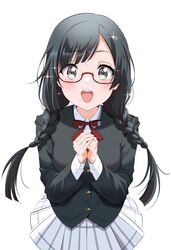  black_hair blush braid breasts commentary female glasses gorilla-shi grey_eyes highres long_hair looking_at_viewer love_live! love_live!_nijigasaki_high_school_idol_club medium_breasts nakagawa_nana nijigasaki_school_uniform red-framed_eyewear school_uniform semi-rimless_eyewear sidelocks smile solo sparkle twin_braids under-rim_eyewear upper_body white_background yuki_setsuna_(love_live!) 