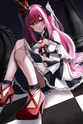  bad_id bad_twitter_id bare_shoulders belt chessboard crown eyebrows_hidden_by_hair female floor high_heels highres long_hair looking_at_viewer nicky_w open_mouth original red_eyes red_hair sitting skirt solo twintails 