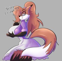  anthro apron auntie_vixen big_breasts blush breasts canid canine clothed clothing dialogue english_text eyewear female fox glasses hair hair_over_eye hi_res huge_breasts looking_at_viewer mammal one_eye_obstructed solo solratic text 