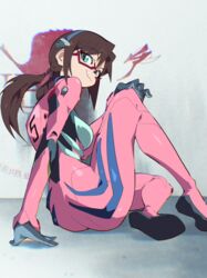  :3 absurdres aetherion ass bodysuit breasts brown_hair butt_crack evangelion:_2.0_you_can_(not)_advance female full_body glasses gloves green_eyes grey_gloves hairband highres long_hair looking_at_viewer makinami_mari_illustrious medium_breasts neon_genesis_evangelion on_floor pink_bodysuit plugsuit rebuild_of_evangelion rectangular_eyewear red-framed_eyewear semi-rimless_eyewear sitting solo twintails under-rim_eyewear 