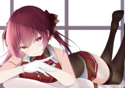  blush breasts doyachii female gloves hair_ribbon heterochromia hololive houshou_marine houshou_marine_(1st_costume) long_hair looking_at_viewer lying medium_breasts no_panties on_stomach pirate red_eyes red_hair red_ribbon ribbon smile solo twintails virtual_youtuber yellow_eyes 