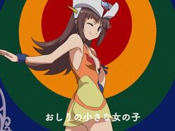  breasts brown_eyes brown_hair closed_mouth commentary_request cosplay cutie_honey dress female haruyama_kazunori hat kisaragi_honey kisaragi_honey_(cosplay) long_hair looking_at_viewer one_eye_closed parody robot_girls_z skirt smile solo z-chan 