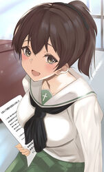  :d black_neckerchief black_ribbon blouse brown_eyes brown_hair commentary female girls_und_panzer green_skirt hair_ribbon highres holding holding_paper indoors koyama_yuzu leaning_forward light_blush light_particles long_sleeves looking_at_viewer mamaa_(maeni6379) medium_hair neckerchief ooarai_school_uniform open_mouth paper pleated_skirt ribbon sailor_collar school_uniform serafuku shirt short_ponytail skirt smile solo sunlight white_sailor_collar white_shirt window 