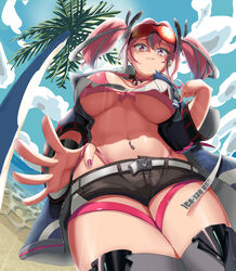  :q azur_lane backlighting beach belt bikini bikini_under_clothes black_shorts blue_jacket blue_sky breasts bremerton_(azur_lane) buckle cleavage cloud collarbone commentary_request cowboy_shot crop_top crop_top_overhang day ear_piercing enryuu_(rmxs3488) eyewear_on_head female from_below front-tie_bikini_top front-tie_top grey_belt grey_hair grey_thighhighs groin hair_between_eyes hair_intakes hair_ornament highleg highleg_bikini highres jacket large_breasts lifebuoy_ornament long_hair long_sleeves looking_at_viewer midriff mole mole_on_breast mole_under_eye multicolored_hair nail_polish navel navel_piercing ocean open_clothes open_jacket outdoors palm_tree partial_commentary piercing pink_bikini pink_eyes pink_hair pink_nails red-tinted_eyewear sand shadow shirt short_shorts shorts sidelocks skindentation sky smile snap-fit_buckle solo standing streaked_hair sunglasses sunlight swimsuit thigh_strap thighhighs tinted_eyewear tongue tongue_out tree twintails two-tone_hair two-tone_legwear two-tone_shirt underboob wristband 