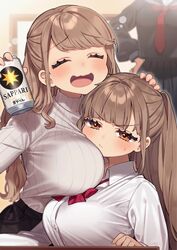  3girls :/ :d ^_^ alcohol beer beer_can black_pants black_sailor_collar black_serafuku black_shirt black_skirt blunt_bangs blurry blurry_background blush bow bowtie brand_name_imitation breast_on_breast breast_rest breasts brown_hair can chibi_kyonyuu closed_eyes closed_mouth collared_shirt commentary depth_of_field dress_shirt drink_can drunk face_to_breasts frown half-closed_eyes hand_on_another&#039;s_head hand_up hands_on_own_hips happy head_out_of_frame highres holding holding_can indoors kodama&#039;s_elder_sister_(sakura_yuki) kodama_(sakura_yuki) large_breasts long_hair long_sleeves multiple_girls necktie open_mouth orange_eyes pants pleated_skirt ponytail raised_eyebrows red_bow red_bowtie red_necktie ribbed_sweater sailor_collar sakura_yuki_(clochette) sapporo_beer school_uniform scowl serafuku shirt shirt_tucked_in siblings sidelocks sisters sitting skirt smile standing sweatdrop sweater swept_bangs turtleneck turtleneck_sweater two_side_up unamused v-shaped_eyebrows wavy_hair wavy_mouth white_shirt white_sweater 