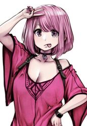  :p breasts choker collarbone commentary_request eguchi_tomoka female hand_on_own_hip kou_iu_no_ga_ii large_breasts looking_at_viewer medium_hair original pink_hair red_nails shirt short_hair solo souryu standing swept_bangs tongue tongue_out v white_background 