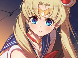  bishoujo_senshi_sailor_moon bishoujo_senshi_sailor_moon_s blue_eyes blue_sailor_collar breasts chinese_commentary choker cleavage collarbone commentary_request crescent crescent_earrings derivative_work diadem earrings female hair_bun hair_over_shoulder heart heart_choker jewelry long_hair magical_girl meme red_choker sailor_collar sailor_moon sailor_moon_redraw_challenge_(meme) sailor_senshi_uniform screenshot_redraw single_hair_bun solo sweatdrop tsukino_usagi twintails upper_body yellowpaint. 