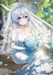  .live ahoge alternate_hair_length_(shorter) antenna_hair blue_eyes blush bouquet breasts bridal_veil bride cleavage closed_mouth collarbone commentary_request copyright_notice dennou_shoujo_siro double-parted_bangs dress elbow_gloves falling_petals female flower frilled_dress frills gloves grey_hair hair_between_eyes holding holding_bouquet jewelry large_breasts long_dress looking_at_viewer necklace official_art outdoors petals puffy_short_sleeves puffy_sleeves sample_watermark see-through_clothes see-through_sleeves see-through_veil shinishi_chiho short_hair short_sleeves silver_necklace silver_tiara sitting sitting_on_stairs smile solo stairs tiara veil virtual_youtuber watermark wedding_dress white_dress white_gloves white_veil 