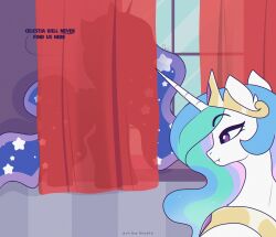  alicorn behind_curtain blue_hair crown curtains duo equid equine eyebrow_through_hair eyebrows female feral friendship_is_magic hair hasbro headgear hi_res hiding horn mammal multicolored_hair my_little_pony mythological_creature mythological_equine mythology nnalyart princess_celestia_(mlp) princess_luna_(mlp) purple_eyes sparkles tiara translucent translucent_hair white_body window wings 