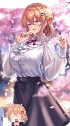  2girls aged_up black_skirt collared_shirt commentary_request falling_petals flower gochuumon_wa_usagi_desu_ka? hair_between_eyes hair_flower hair_ornament hairpin highres holding holding_flower hoto_cocoa ks_(xephyrks) long_sleeves multiple_girls open_mouth orange_hair petals pink_flower purple_eyes school_uniform shirt short_hair skirt white_shirt 