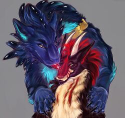  azerith claws dragon duo ears_back ears_up feathers felkin feral floofy_dragon fluffy fur furred_dragon furred_scalie hi_res horn licking male male/male marik45 muzzle_(object) mythological_creature mythological_scalie mythology paws pivoted_ears scalie smile tongue 