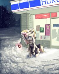  absurd_res apron beverage clothing coffee confusion equid equine female feral friendship_is_magic fuguang hasbro hi_res horn looking_at_viewer lyra_heartstrings_(mlp) magic mammal mature_female my_little_pony mythological_creature mythological_equine mythology outside sitting snow snowing solo timidangel unicorn 