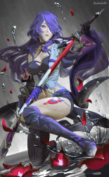  absurdres acheron_(honkai:_star_rail) artist_name black_choker black_gloves boots breasts chain_around_arm chains choker cleavage commentary english_commentary female flower gloves hair_over_one_eye highres honkai:_star_rail honkai_(series) knee_boots large_breasts leg_tattoo long_hair looking_at_viewer multicolored_hair navel on_one_knee petals purple_eyes purple_hair red_flower red_petals scabbard sheath single_bare_shoulder single_knee_boot single_thigh_boot single_wide_sleeve sockonsoda solo streaked_hair tattoo thigh_boots unsheathing water 
