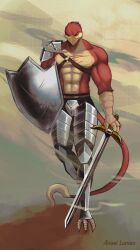  2023 3_toes 4_fingers abs absurd_res alternate_species angellumen anthro arix_(arix0) armor artist_name avian beak beak_closed bent_leg black_bottomwear black_claws black_clothing blonde_tail_tuft bottomwear chest_scar claws closed_frown clothed clothed_anthro clothed_male clothing colored desert digital_drawing_(artwork) digital_media_(artwork) english_description eye_scar facial_scar feathers feet fingers frown furrowed_eyebrows greaves green_eyes gryphon hi_res holding_melee_weapon holding_object holding_sword holding_weapon light lighting long_tail male male_anthro melee_weapon mouth_closed multicolored_body multicolored_feathers muscular muscular_anthro muscular_male mythological_avian mythological_creature mythology navel non-mammal_navel outside pauldron pecs pink_scar red_body red_feathers red_tail sand scar serious_face shaded shield shirtless_anthro shirtless_male solo sword tail talon_hands talons text toe_claws toes two_tone_body two_tone_feathers walking weapon yellow_beak yellow_body yellow_feathers 