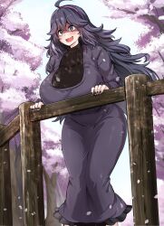  @_@ absurdres ahoge alternate_breast_size_(larger) black_eyes black_hair black_nails blush breasts cherry_blossoms commentary_request day dress falling_petals feet_out_of_frame female flower hairband hex_maniac_(pokemon) hex_maniac_(pokemon_xy) highres huge_breasts leaning_forward long_dress long_hair long_sleeves looking_ahead maki_ikazuya nail_polish outdoors paid_reward_available partially_shaded_face petals pink_petals pokemon pokemon_x_and_y psd_available purple_hairband railing smile solo spring_(season) standing very_long_hair wooden_railing 