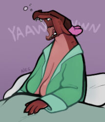  2026 2_horns 4_fingers alpine_(ncs) anthro breasts clothing dragon female female_anthro fingers green_clothing hi_res horn horn_cover mythological_creature mythological_scalie mythology ncs open_mouth pillow red_body red_scales sagging_breasts scales scalie scraper_city solo teeth tongue yawn 