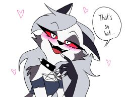  anthro blush canid canid_demon canine collar demon dialogue ears_back ears_down emositecc english_text female fur grey_body grey_fur grey_hair hair heart_symbol hellaverse hellhound helluva_boss hi_res long_hair loona_(helluva_boss) mammal mythological_canine mythological_creature mythology pivoted_ears pupils red_sclera slit_pupils solo speech_bubble spiked_collar spikes text white_body white_eyes white_fur 