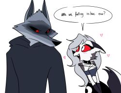  anthro black_sclera blush canid canid_demon canine canis collar death_(puss_in_boots) demon dialogue dreamworks duo ears_back ears_down emositecc english_text female grey_hair hair heart_symbol hellaverse hellhound helluva_boss hi_res larger_male long_hair loona_(helluva_boss) male mammal mythological_canine mythological_creature mythology pivoted_ears pupils puss_in_boots_(franchise) red_eyes red_sclera size_difference slit_pupils smaller_female speech_bubble spiked_collar spikes text white_eyes wolf 