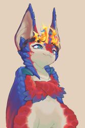  2026 2_horns absurd_res anthro big_ears biped blue_body blue_claws blue_scales blue_wings claws clothing crossed_arms digital_drawing_(artwork) digital_media_(artwork) dragon european_mythology fangs fingers fire flaming_horn glistening glistening_eyes green_claws green_eyes headgear headgear_only headwear headwear_only hi_res horn khloropus league_of_legends male mostly_nude multicolored_eyes mythological_creature mythological_scalie mythology pawpads paws portrait pupils red_body red_pupils red_scales red_wings riot_games scales scalie simple_background smile smolder_(lol) solo tan_background tan_body tan_inner_ear teeth tencent three-quarter_portrait western_dragon white_sclera wing_claws wings 