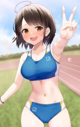  ahoge armpits blue_sports_bra blush breasts brown_hair buruma commission faubynet female highres large_breasts looking_at_viewer md5_mismatch midriff navel open_mouth orange_eyes original outdoors short_hair skeb_commission smile solo sports_bra sportswear v 