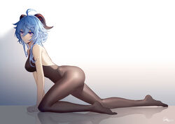  ahoge all_fours backless_outfit bare_shoulders black_leotard black_pantyhose blue_hair bodystocking breasts female from_side ganyu_(genshin_impact) genshin_impact highres horns leotard leotard_under_clothes long_hair looking_at_viewer medium_breasts pantyhose purple_eyes sidelocks signature solo thighs yukleeeee 