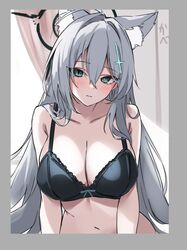  animal_ear_fluff animal_ears arm_support black_bra blue_archive blush border bow bow_bra bra breasts cleavage collarbone extra_ears female grey_border grey_eyes grey_hair hair_between_eyes halo lace-trimmed_bra lace_trim large_breasts long_hair looking_at_viewer marisasu_(marisa0904) navel shiroko_(blue_archive) shiroko_terror_(blue_archive) solo underwear upper_body very_long_hair wolf_ears 