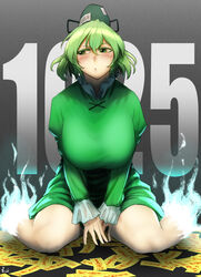  alternate_breast_size black_hat breasts commentary_request dress female frilled_sleeves frills ghost_tail green_dress green_eyes green_hair hair_between_eyes hat highres huge_breasts koyubi_(littlefinger1988) long_sleeves looking_to_the_side medium_hair ofuda ofuda_on_clothes parted_lips short_dress sitting soga_no_tojiko solo tate_eboshi taut_clothes taut_dress touhou v_arms wariza 