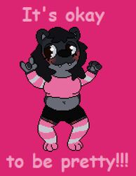  american_sign_language anthro bear black_bear black_hair black_nose blush blush_lines body_positivity bottomwear breasts clothing crop_top digital_media_(artwork) eyelashes fangs female fluffy fluffy_hair footwear glistening glistening_eyes hair harleyfunnycat hotpants i_love_you legwear long_hair mammal microsoft_paint_(artwork) motivational_art narrowed_eyes nonbinary_(lore) pattern_clothing pattern_footwear pattern_legwear pattern_socks pink_clothing pink_footwear pink_socks pixel_(artwork) positive_message programming_socks shirt shorts sign_language simple_background slightly_chubby smile snaggle_teeth snaggle_tooth socks solo striped_clothing striped_footwear striped_socks stripes teeth text topwear trans_(lore) trans_woman_(lore) ursine 