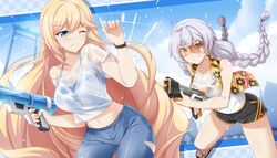  2girls bianka_durandal_ataegina blue_eyes blue_sky blush braid breasts bunji cloud crop_top denim finger_on_trigger goggles grin gun handgun highres holding holding_water_gun honkai_(series) honkai_impact_3rd kiana_kaslana long_hair multiple_girls navel official_art one_eye_closed pants second-party_source see-through shirt shorts siblings sisters sky smile stomach teeth twin_braids very_long_hair water_gun weapon wet wet_clothes wet_shirt white_hair 