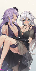  2girls azur_lane bare_legs black_dress black_heart_(goddesses&#039;_smile) black_heart_(neptunia) braid breasts carrying closed_eyes commentary commission dress earrings elbow_gloves embarrassed english_commentary ge-b gloves green_eyes hair_between_eyes happy highres jewelry large_breasts long_hair medium_breasts multiple_girls neptune_(series) open_mouth princess_carry purple_heart_(goddesses&#039;_promise) purple_heart_(neptunia) sidelocks smile white_hair yuri 