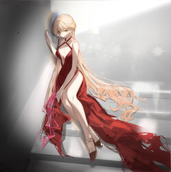  absurdres bare_legs bare_shoulders blonde_hair breasts brown_footwear cleavage closed_mouth commentary crossed_legs dress expressionless female full_body girls&#039;_frontline hair_between_eyes hand_on_wall high_heels highres inez legs long_hair looking_at_viewer medium_breasts official_alternate_costume ots-14_(girls&#039;_frontline) ots-14_(ruler_of_the_banquet)_(girls&#039;_frontline) red_dress simple_background sitting solo thighs very_long_hair yellow_eyes 