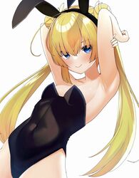  &gt;:) ahoge animal_ears arm_behind_head armpits arms_up backboob bare_arms black_leotard blonde_hair blue_eyes blunt_ends blush breasts closed_mouth commentary commission covered_navel crossed_bangs double_bun dutch_angle eyelashes eyes_visible_through_hair fake_animal_ears female hair_between_eyes hair_bun highleg highleg_leotard highres huge_ahoge leaning_back leotard long_hair looking_at_viewer playboy_bunny rabbit_ears shirayuki_noa small_breasts smile solo standing straight_hair sway_back tenshi_souzou_re-boot! tft_(tft7822) twintails upper_body v-shaped_eyebrows very_long_hair wing_hair_ornament 