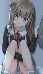  bare_legs black_shirt blue_eyes blush bobby_socks bow brown_hair closed_mouth collared_shirt commentary_request feet_out_of_frame female frilled_shirt_collar frills hair_bun hand_up head_tilt hugging_own_legs keiran_(ryo170) knees_up long_hair long_sleeves looking_at_viewer original overall_shorts overalls red_bow shirt short_shorts shorts single_hair_bun single_side_bun socks solo_focus white_legwear white_overalls white_shorts 