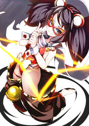  animal_ears barefoot bell black_hair bombergirl closed_mouth domino_mask fake_animal_ears female hairband jingle_bell leotard long_hair mask mouse_ears omochishiki pink_eyes red_hairband red_leotard red_mask scarf smile solo strapless strapless_leotard thigh_strap torn_clothes torn_scarf twintails urushi_(bombergirl) v-shaped_eyebrows white_scarf zipper 