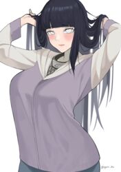  absurdres arms_up bad_anatomy black_hair blunt_bangs blush breasts byakugan byeon_dha commentary female hands_in_hair highres hyuuga_hinata jacket konohagakure_symbol long_hair long_sleeves looking_at_viewer naruto_(series) naruto_shippuuden pink_lips purple_jacket raglan_sleeves simple_background solo upper_body very_long_hair white_background white_eyes 