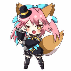  alternate_costume animal_ear_fluff animal_ears blue_ribbon blush chibi fate/extra fate/extra_ccc fate_(series) female fox_ears fox_girl fox_tail hair_ornament hat illustration_07 mini_hat mini_top_hat o-ring o-ring_top oerba_yun_fang official_alternate_costume one_eye_closed open_mouth pink_hair pose ribbon simple_background solo tail tamamo_(fate) tamamo_no_mae_(fate/extra) tamamo_no_mae_(sable_mage)_(fate) top_hat white_background yellow_eyes 