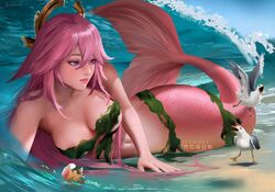  alt_text animal_ears beach bird breasts deviantart_logo female floppy_ears fox_ears genshin_impact gullible halo instagram_logo jyundee large_breasts long_hair looking_at_another makeshift_bra mermaid monster_girl monsterification navel ocean outdoors patreon_logo pink_hair purple_eyes seagull seashell seaweed shell tiktok_logo twitter_logo yae_miko youtube_logo 