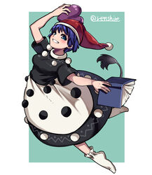  black_capelet black_dress blob blue_background blue_eyes blue_hair book border capelet commentary_request doremy_sweet dream_soul dress female full_body grin hat highres holding holding_book multicolored_clothes multicolored_dress nightcap nightgown one-hour_drawing_challenge pom_pom_(clothes) red_hat renshirenji short_hair signature smile socks solo tail tapir_tail touhou white_border white_dress white_socks 