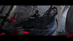  1boy arknights black_choker black_cloak black_gloves black_jacket choker cloak commentary_request different_reflection gloves grey_eyes grey_hair highres hood hooded_cloak indoors infection_monitor_(arknights) jacket letterboxed long_sleeves male_focus newflame petals phantom_(arknights) phantom_(focus)_(arknights) reflection rose_petals solo torn_cloak torn_clothes 