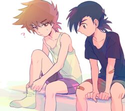  2boys ? bandaid bandaid_on_arm bandaid_on_leg bare_arms black_hair black_shirt brown_hair commentary_request gary_oak hair_between_eyes itome_(funori1) looking_down male_focus multiple_boys pokemon pokemon:_the_electric_tale_of_pikachu purple_shorts satoshi_(pokemon) shirt short_hair short_sleeves shorts sitting sleeveless sleeveless_shirt socks spiked_hair t-shirt tank_top white_background white_legwear white_shirt 