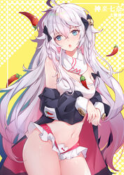  :o ahoge bandeau bare_shoulders bell black_jacket blue_eyes bow braid breasts chili_pepper cleavage cowboy_shot crop_top female frilled_skirt frills gradient_hair hairbow highres indie_virtual_youtuber jacket jingle_bell kagura_nana long_hair long_sleeves looking_away medium_breasts melailai microskirt midriff multicolored_hair navel off_shoulder open_clothes open_jacket open_mouth revealing_clothes scarf skirt solo standing stomach strapless thighs tube_top very_long_hair virtual_youtuber white_hair white_skirt 