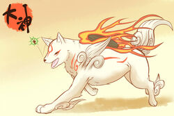  amaterasu_(okami) ambiguous_gender black_eyes black_nose canid canine canis capcom clover_studio deity duo facial_markings feral fire fur hakuginnosora head_markings hi_res issun_(okami) mammal markings okami_(capcom) open_mouth paws poncle shadow simple_background teeth walking white_body white_fur wolf 