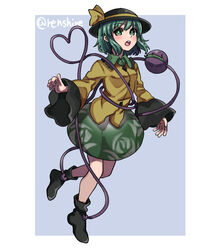  black_hat black_socks blouse blue_background border buttons collared_shirt commentary_request diamond_button eyeball female floral_print frilled_shirt_collar frilled_sleeves frills green_eyes green_hair green_skirt hat hat_ribbon heart heart_of_string highres komeiji_koishi long_sleeves medium_hair medium_skirt one-hour_drawing_challenge open_mouth renshirenji ribbon rose_print shirt skirt socks solo third_eye touhou wavy_hair white_border wide_sleeves yellow_ribbon yellow_shirt 