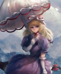  absurdres blonde_hair bow choker cloud cloudy_sky commentary dress elbow_gloves female floating forest frilled_dress frills gap_(touhou) gloves hairbow half-closed_eyes hat hat_ribbon highres holding holding_umbrella light_smile mob_cap morning mountain mountainous_horizon nanaironokabi nature outdoors parasol purple_dress purple_eyes red_bow red_ribbon ribbon ribbon_choker ribbon_trim short_sleeves sky solo sunlight torii touhou umbrella white_gloves white_hat yakumo_yukari 