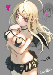  ahoge akamatsu_kaede arm_under_breasts black_bra black_choker black_nails black_skirt blonde_hair blood bra breasts choker collarbone commentary_request cowboy_shot danganronpa_(series) danganronpa_v3:_killing_harmony demon_girl demon_tail demon_wings detached_tail earrings female grey_background hair_ornament hairclip hand_on_own_chin hands_up heart jewelry large_breasts long_hair looking_at_viewer musical_note musical_note_hair_ornament navel nosebleed nyuukazai oerba_yun_fang open_mouth pink_blood pink_eyes pointy_ears saihara_shuichi simple_background skirt solo_focus swimsuit tail underwear wings 