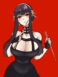  black_dress black_hair breasts cleavage curvy dress earrings female flower hair_flower hair_ornament highres jewelry jojobee large_breasts long_hair looking_at_viewer red_background red_eyes rose shirt solo spy_x_family yor_briar 