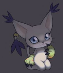  :3 animal_ears animal_hands blue_eyes cat_ears cat_tail claws closed_mouth commentary digimon digimon_(creature) full_body furry gloves grey_background hand_up happy kneeling looking_at_viewer paw_gloves robot_(pixiv_42325944) simple_background smile solo tail tail_ornament tail_ring tailmon whiskers 