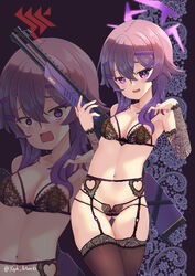  :d armpits ass_visible_through_thighs bare_shoulders black_bra black_panties black_sleeves blue_archive bra breasts brown_hair brown_thighhighs collarbone commentary_request detached_sleeves female fp6 garter_belt gradient_hair gun hair_between_eyes hair_ornament hairclip halo haruka_(blue_archive) highres holding holding_gun holding_weapon lace lace_bra lace_panties lace_sleeves long_hair long_sleeves medium_breasts multicolored_hair multiple_views navel panties purple_eyes purple_hair shotgun smile thighhighs twitter_username underwear weapon xephonia zoom_layer 