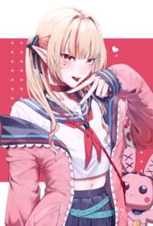  absurdres black_ribbon blonde_hair blue_nails blue_sailor_collar blue_skirt blunt_bangs blush female hair_intakes hair_ribbon heart highres jacket kuragevvv long_hair long_sleeves looking_at_viewer makaino_ririmu makaino_ririmu_(4th_costume) midriff multicolored_hair nail_polish navel neckerchief nijisanji pink_jacket pleated_skirt pointy_ears red_eyes red_hair red_neckerchief ribbon sailor_collar school_uniform serafuku skirt solo streaked_hair tongue tongue_out two_side_up v virtual_youtuber 